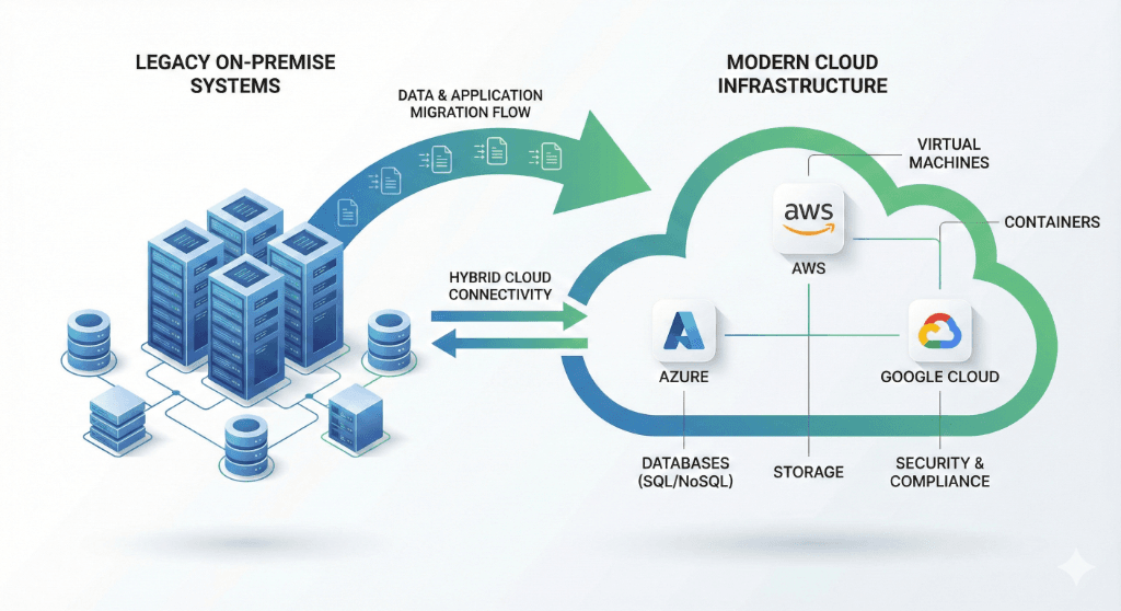 Cloud migration architecture diagram showing legacy to cloud transformation
