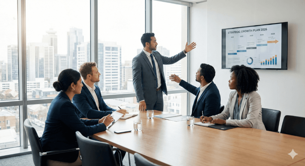 Consultant presenting strategic growth plan to business executives