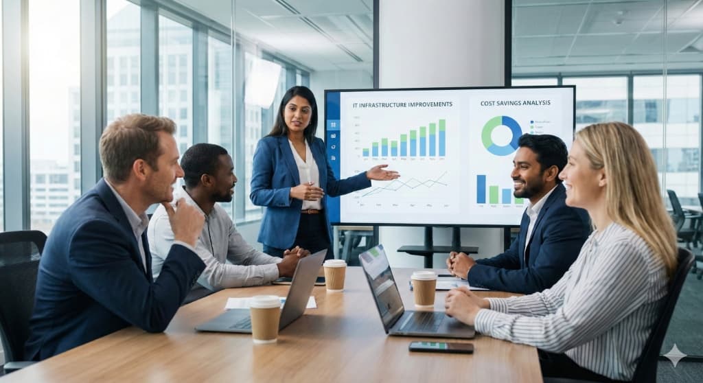 IT consultant presenting business improvements to executive team