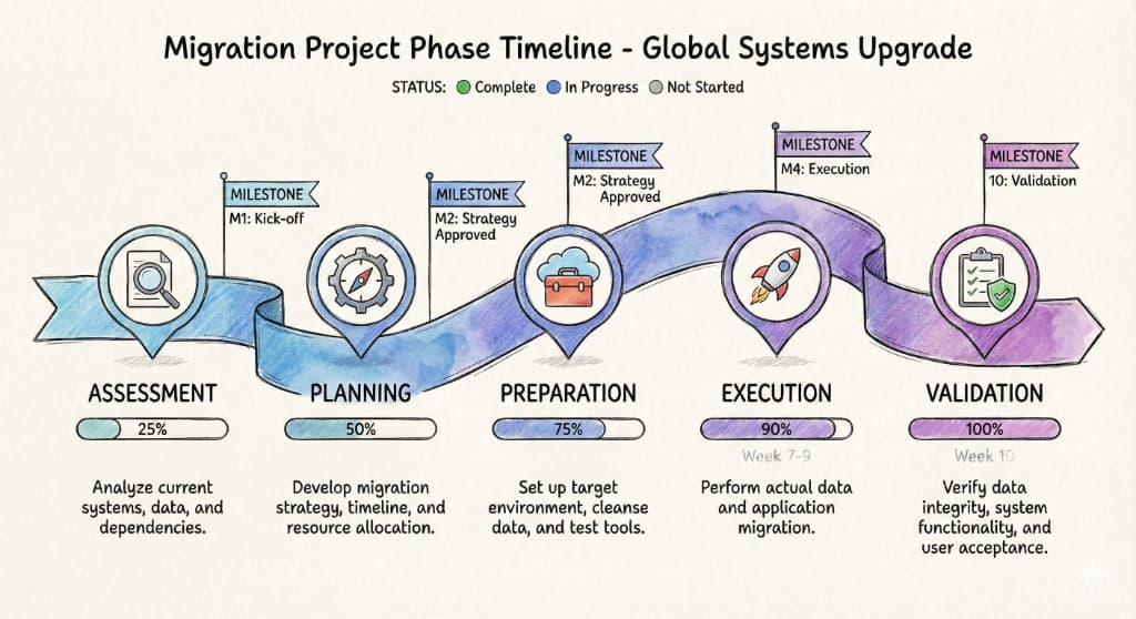5-phase migration project timeline infographic