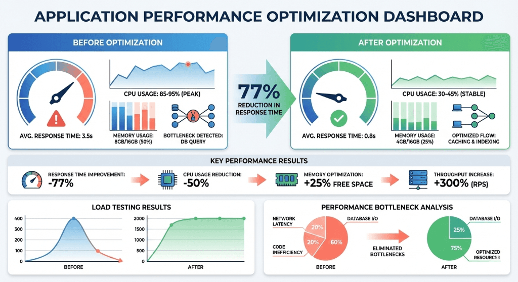 Application performance optimization dashboard showing 77% response time reduction and 50% CPU usage improvement