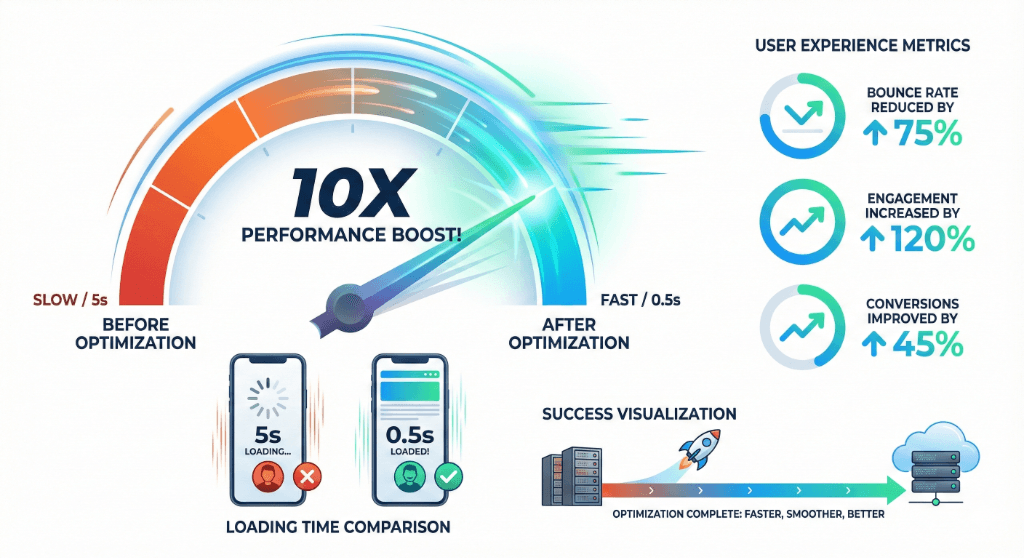10X performance boost visualization showing loading time from 5s to 0.5s with user experience improvements