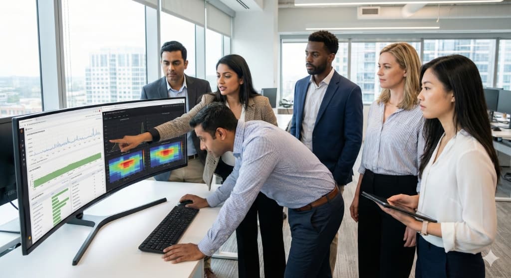 Diverse performance engineering team analyzing application metrics and load testing results