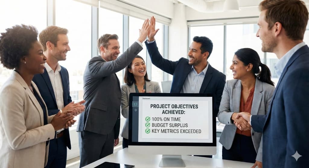 Diverse team celebrating successful achievement of project objectives