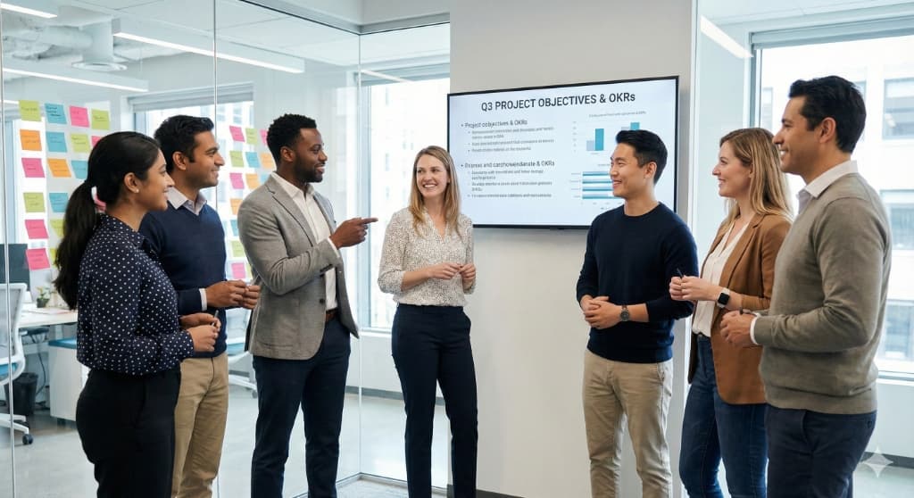 Diverse cross-functional team discussing quarterly objectives and OKRs in stand-up meeting
